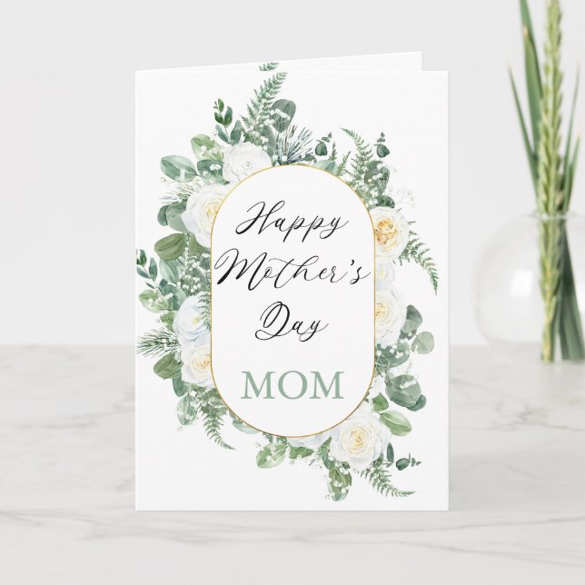 Carte Roses blanches | Eucalyptus Joyeux maman de la fêt (Devant)