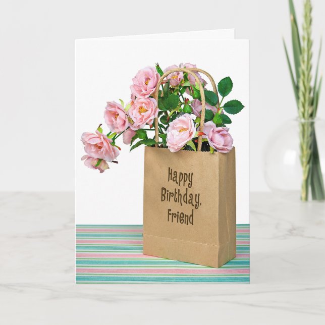 Carte Roses d'anniversaire rose dans le sac pour Ami (Devant)