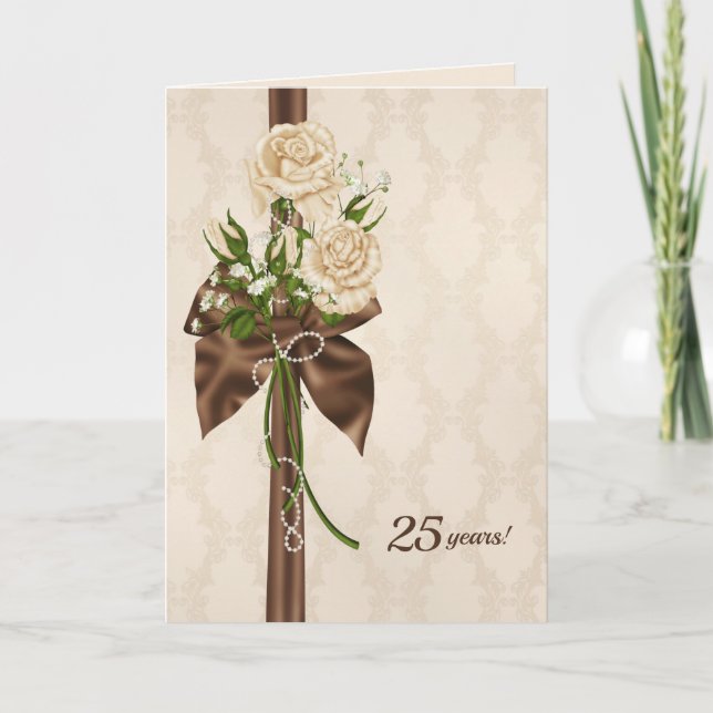 Carte roses du 25e anniversaire sur damask (Devant)
