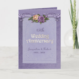 Carte Roses en Damas plié Violet 15e Anniversaire