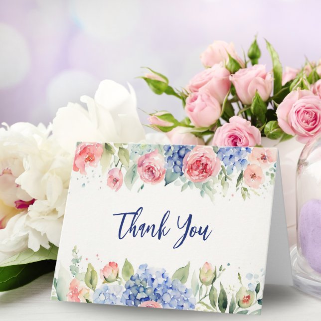 Carte Roses Et Hydrangeas Aquarelle Merci (Blend of hand-painted art and digital enhancements, perfect for flower lovers.)