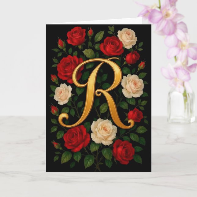 Carte  Roses grimpantes enchantées initiale « R »  (Orchidée)