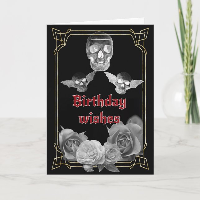 Carte Roses gris argent et crâne anniversaire (Devant)
