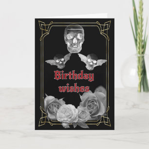 Carte Roses gris argent et crâne anniversaire