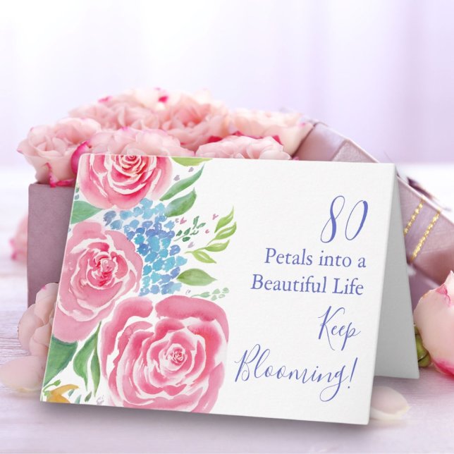 Carte Roses Lâches à l'aquarelle  & Hydrangea 80e Annive (Créateur téléchargé)