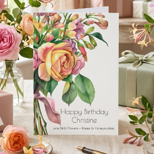 Carte Roses Rose Peach Fleur de naissance de juin Joyeux