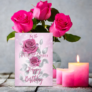Carte Roses roses et argent parfait anniversaire de sœur