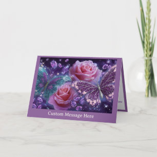 Carte Roses roses et papillons pailletés personnalisés G