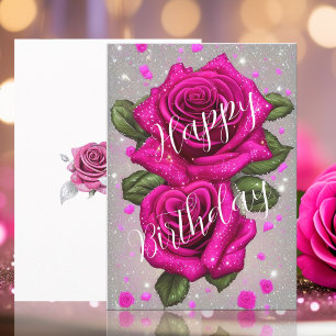 Carte Roses roses étincelantes sur l'anniversaire gris a