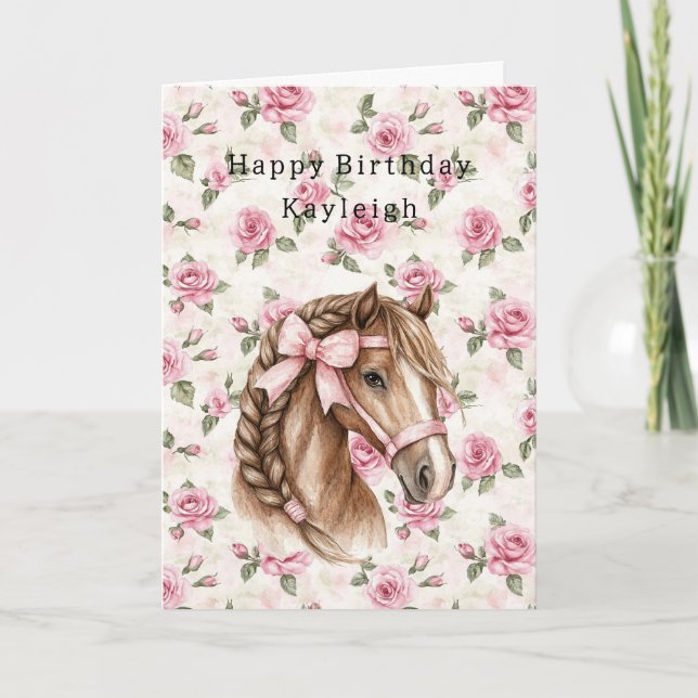 Carte Roses roses floraux joli cheval rose ruban anniver (Devant)