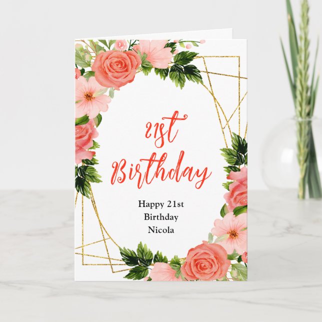 Carte Roses rouges corail avec feuillage d'anniversaire (Devant)