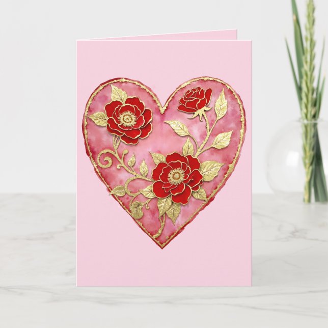 Carte Roses rouges et or Anniversaire de la Saint-Valent (Devant)
