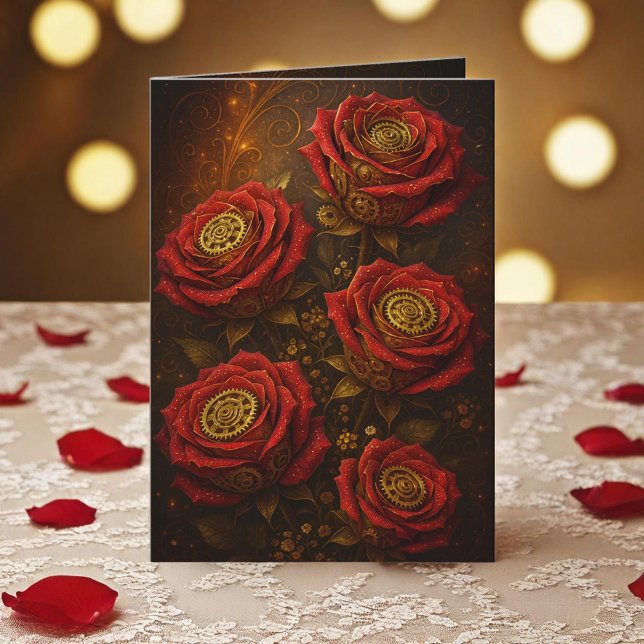Carte Roses Steampunk Luxueuses Engrenages Dorés Romanti (Créateur téléchargé)