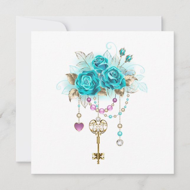 Carte Roses Turquoise avec Clés (Devant)