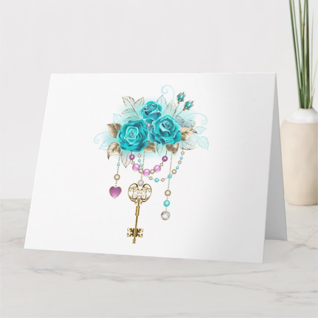Carte Roses turquoise avec touches (Devant)