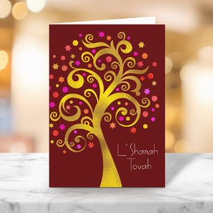Carte Rosh Hashanah Gold Red Foil Arbre de vie, Bourgogn