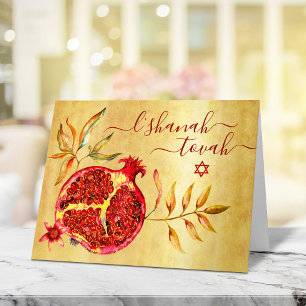 Carte Rosh Hashanah Grenade Rouge Aquarelle sur Fond Dor