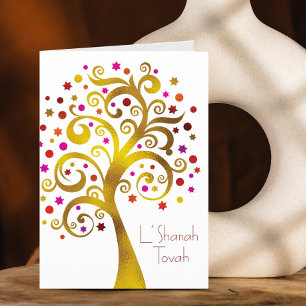 Carte Rosh Hashanah moderne Red Gold Foil Arbre de vie