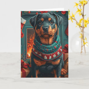 Carte Rottweiler avec des cadeaux de Noël devant une che