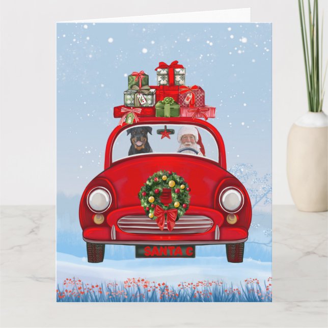 Carte Rottweiler Chien En Voiture Avec Le Père Noël (Devant)