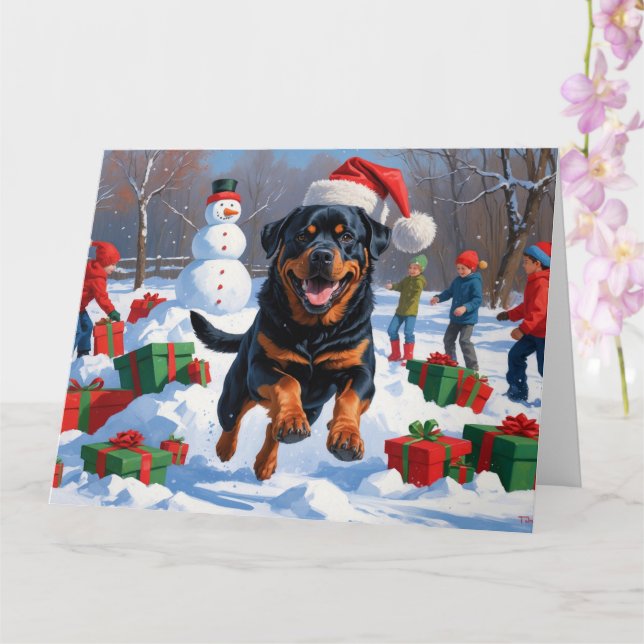 Carte Rottweiler coule en neige avec Casquette de Noël (Orchidée)
