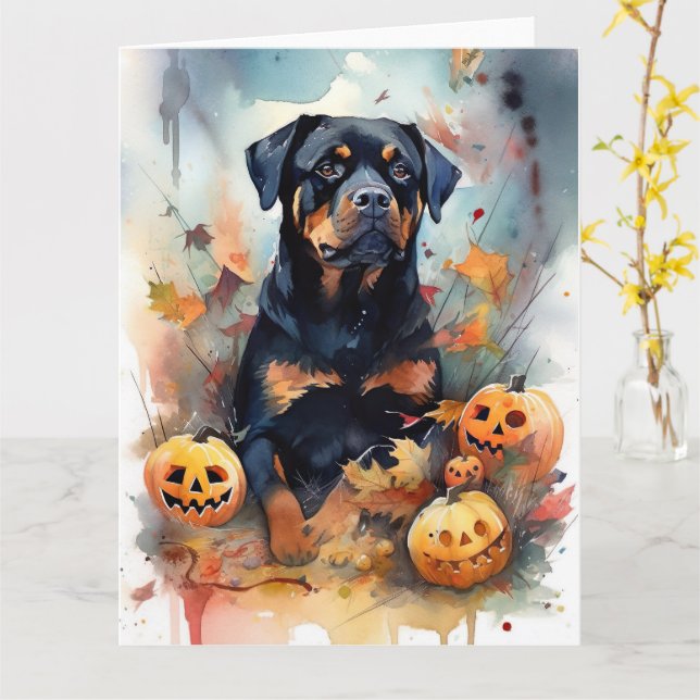 Carte Rottweiler d'Halloween avec citrouilles effrayante (Fleur jaune)