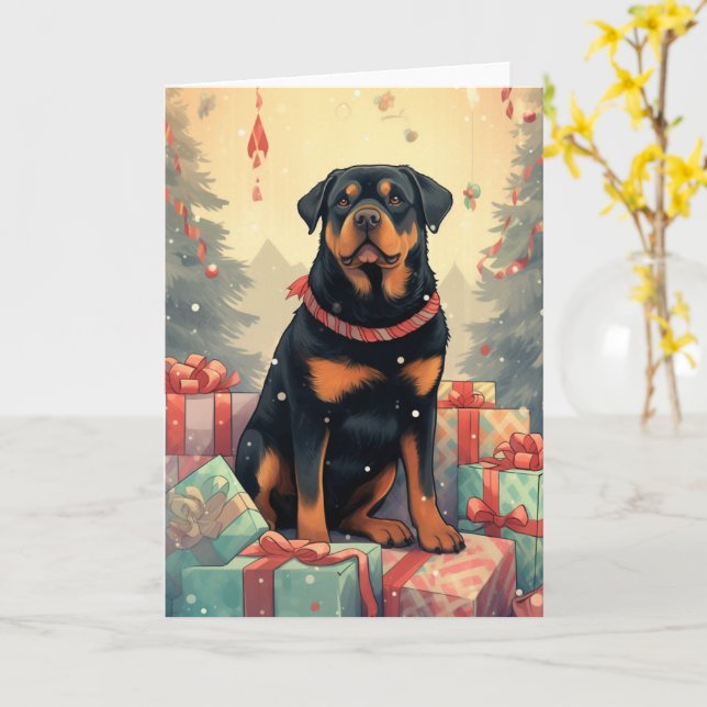 Carte Rottweiler gardant les cadeaux de Noël (Fleur jaune)