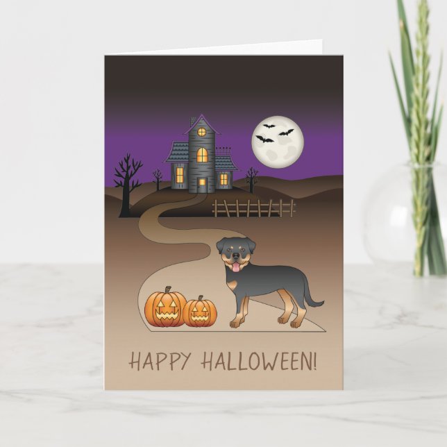 Carte Rottweiler noir et feu Halloween Maison Hantée (Devant)