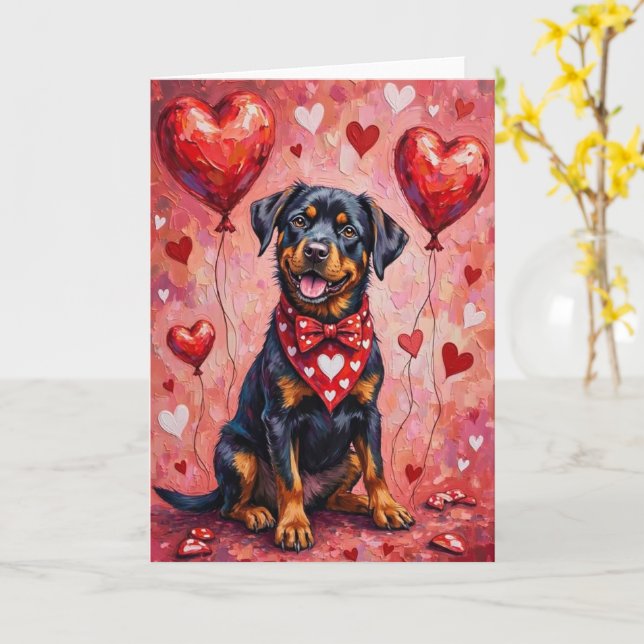 Carte Rottweiler Saint-Valentin Chien aux Cœurs Rouge (Fleur jaune)