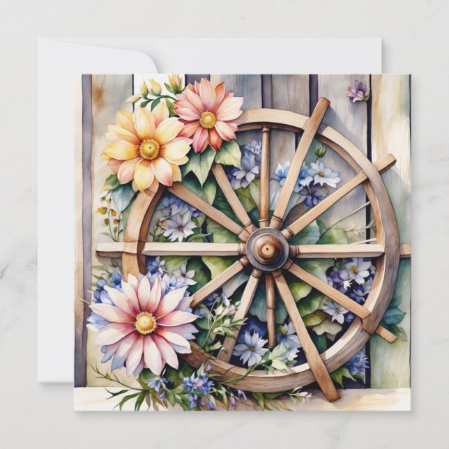 Carte Roue en bois rustique avec des fleurs  (Devant)