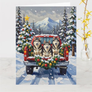 Carte Rouge camion de Noël Alaskan Malamute Vacances