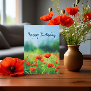Carte Rouge Coquelicot Floral Plié Joyeux Anniversaire