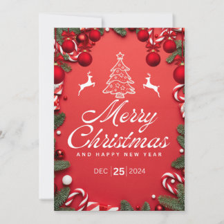 Carte rouge de Noël avec arbre + fête des rennes
