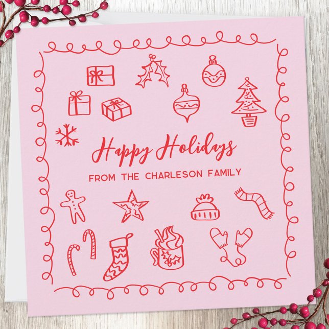 Carte rouge et rose (Fun scribble doodle personalized Christmas holiday card)