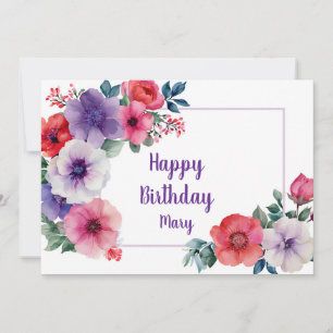 Carte Rouge et rose floral personnalisé aquarelle