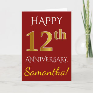 Carte Rouge, Faux Gold 12ème anniversaire Mariage + Nom
