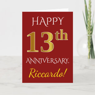 Carte Rouge, Faux Gold 13ème anniversaire Mariage + Nom