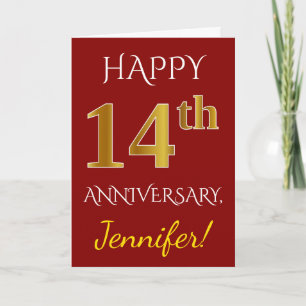 Carte Rouge, Faux Gold 14ème anniversaire Mariage + Nom