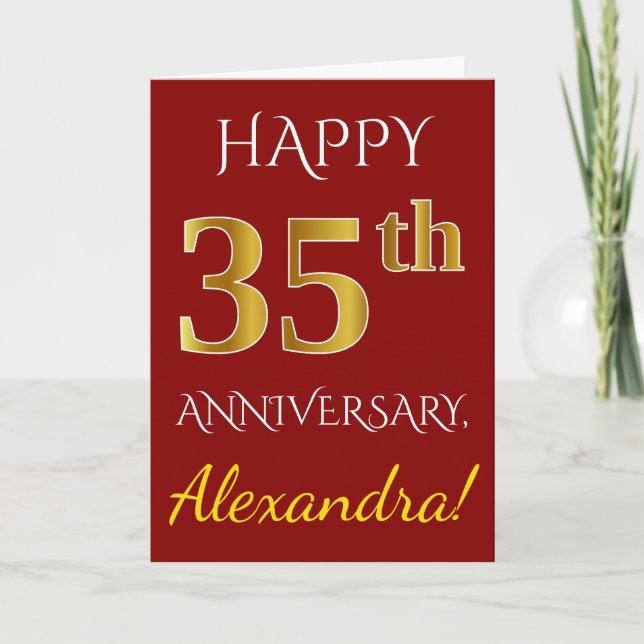 Carte Rouge, Faux Gold 35e anniversaire de Mariage + Nom (Devant)