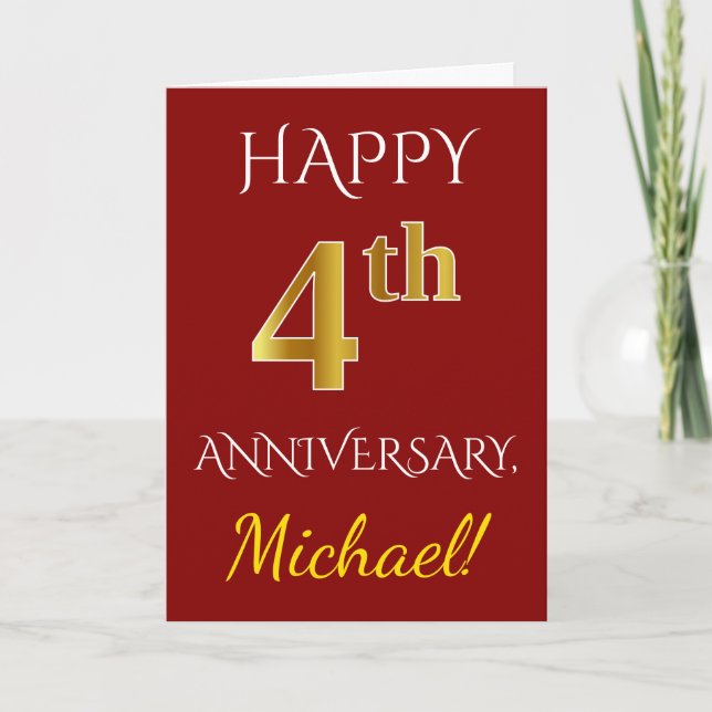 Carte Rouge, Faux Gold 4ème anniversaire Mariage + Nom (Devant)