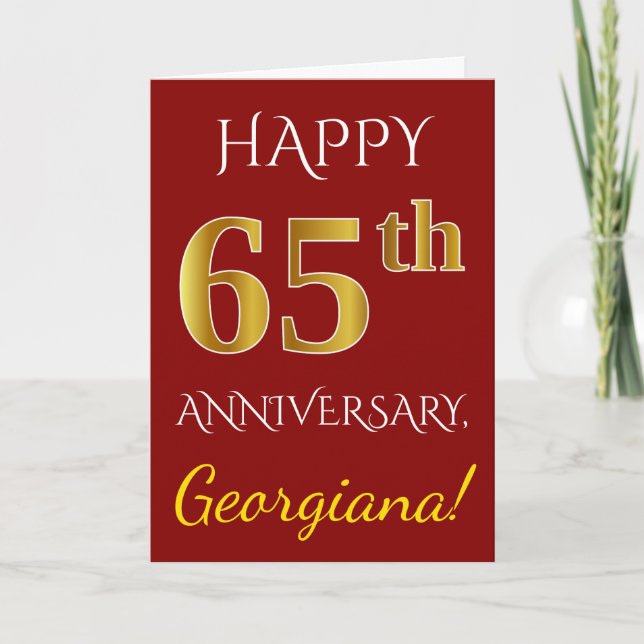 Carte Rouge, Faux Gold 65e anniversaire de Mariage + Nom (Devant)
