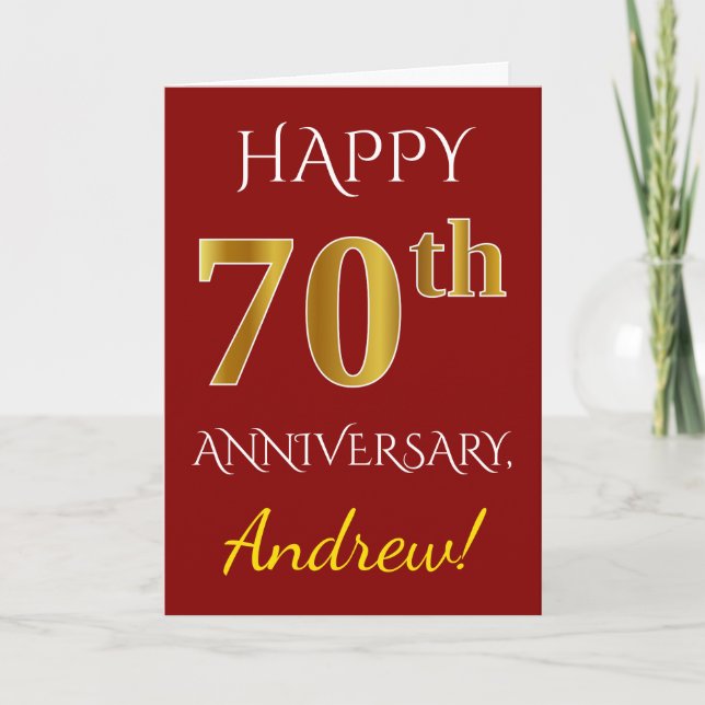 Carte Rouge, Faux Gold 70e Mariage Anniversaire + Nom (Devant)