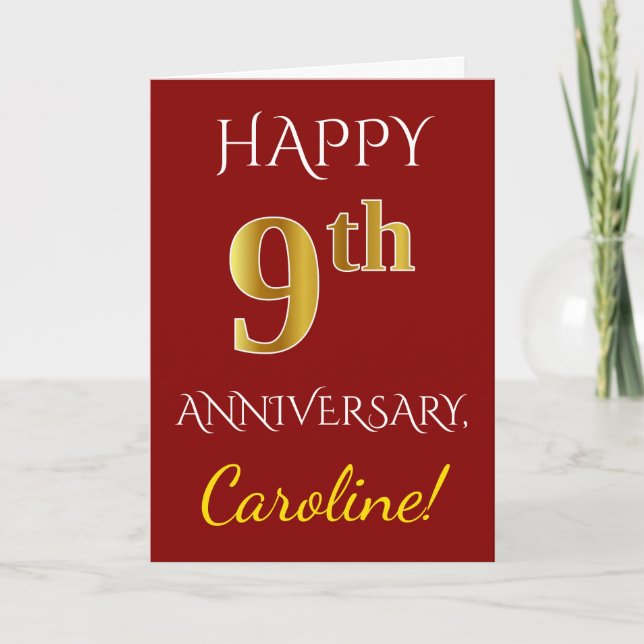 Carte Rouge, Faux Gold 9e anniversaire Mariage + Nom (Devant)
