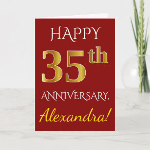 Carte Rouge, Faux Or 35e Anniversaire de Mariage + Nom