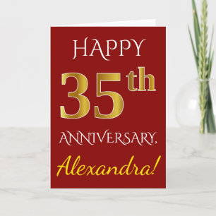 Carte Rouge, Faux Or 35ème Anniversaire De Mariage + Nom