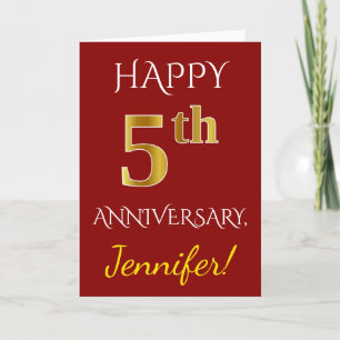 Carte Rouge, Faux Or 5e Anniversaire de Mariage + Nom