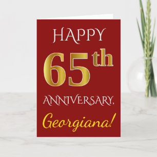 Carte Rouge, Faux Or 65e Anniversaire de Mariage + Nom