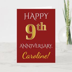 Carte Rouge, Faux Or 9e Anniversaire De Mariage + Nom