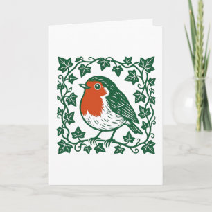Carte Rouge-gorge britannique linogravure motif lierre