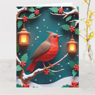 Carte Rouge-gorge festif sur branche de houx Noël